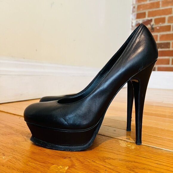 Saint Laurent YSL Black Calfskin Janis Stiletto Heel Platform Pumps 38.5 - Picture 3 of 16
